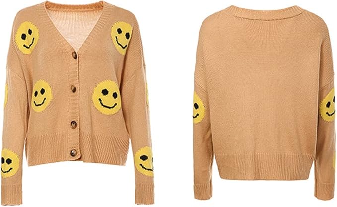 chouyatou Women's Loose-Fit Smile Face Jacquard Knitted Cardigan Sweater Jacket, amazon, The Preppy Store, cardigan sweater