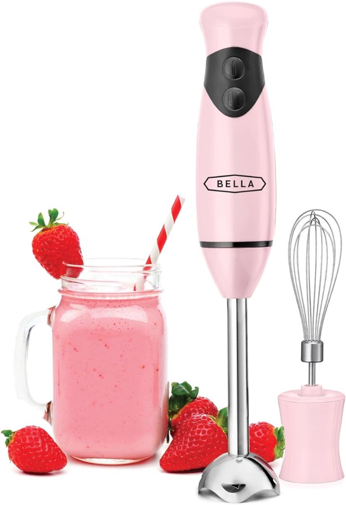 BELLA Immersion Hand Blender, Portable Mixer with Whisk Attachment - Electric Handheld Juicer, Shakes, Baby Food and Smoothie Maker, Stainless Steel, Pink
