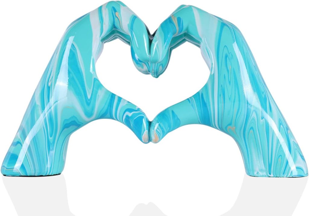 hand heart decoration, heart hand statue, love finger sculpture wedding decoration, suitable for bookshelf coffee table office bedroom TV cabinet bookshelf small ornaments home decoration.