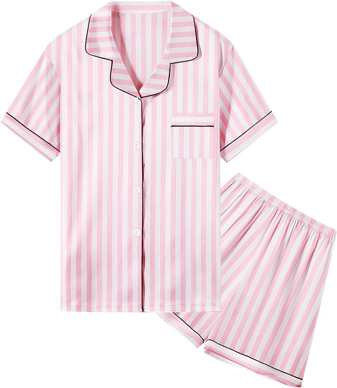 Umeyda Women & Girls Pajamas Set, Soft Satin Lightweight Silk Button-Down Top with Shorts 2 Piece PJS for Mom Boys Kids Gifts
