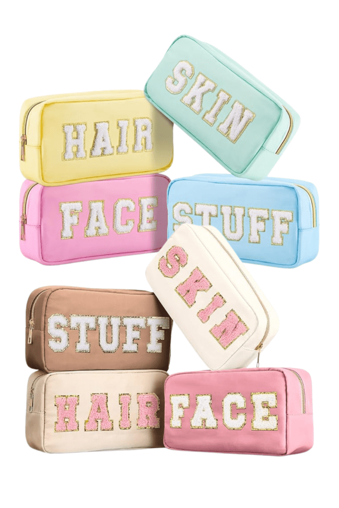 Cunno 4 Pcs Preppy Makeup Bag Chenille Letter Stuff Bag Nylon Cosmetic Bag Makeup Bag Toiletry Cosmetic Case with Zipper Makeup Pouch Christmas Gift for Women Travel, Amazon, The Preppy Store