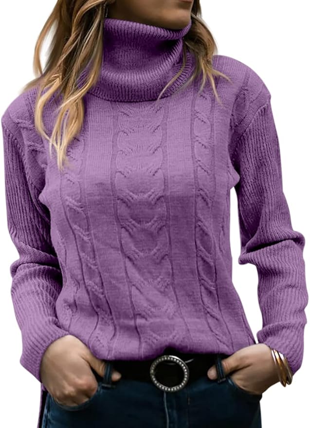 Langwyqu Womens' Turtleneck Long Sleeve Cable Knit Sweaters, cozy sweater, mauve purple sweater, cowlick sweater, amazon, the preppy store
