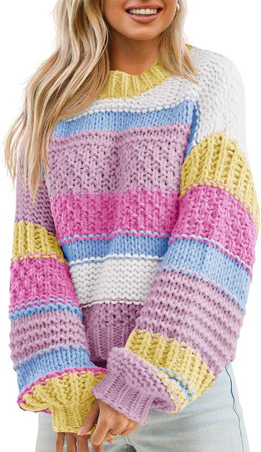 Saodimallsu Womens Color Block Sweater Striped Chunky Knit Cropped Sweaters Crewneck Fall Long Sleeve Loose Pullover Tops, cozy fall sweater, amazon, the preppy store, pastel sweater, chunky cable knit sweater