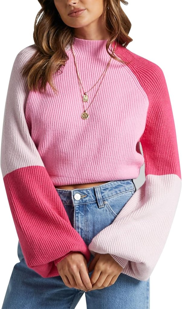 ZAFUL Women's Mock Neck Color Block Sweaters Knitted Pullover Jumper Tops Casual Lantern Sleeve Cropped Sweater, cozy sweater, pink sweater, The Preppy Store