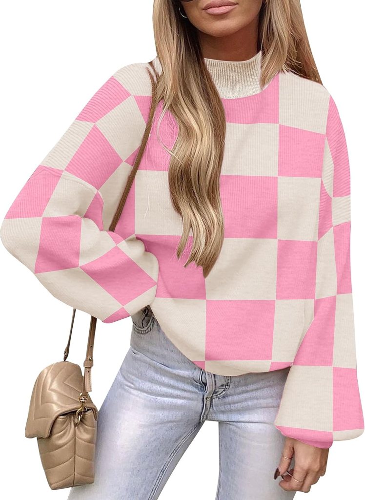 ZESICA Women's 2024 Casual Turtleneck Long Lantern Sleeve Oversized Ribbed Knit Pullover Sweater Jumper Top, amazon finds, the preppy store, cozy knit sweater, checkerboard sweater
