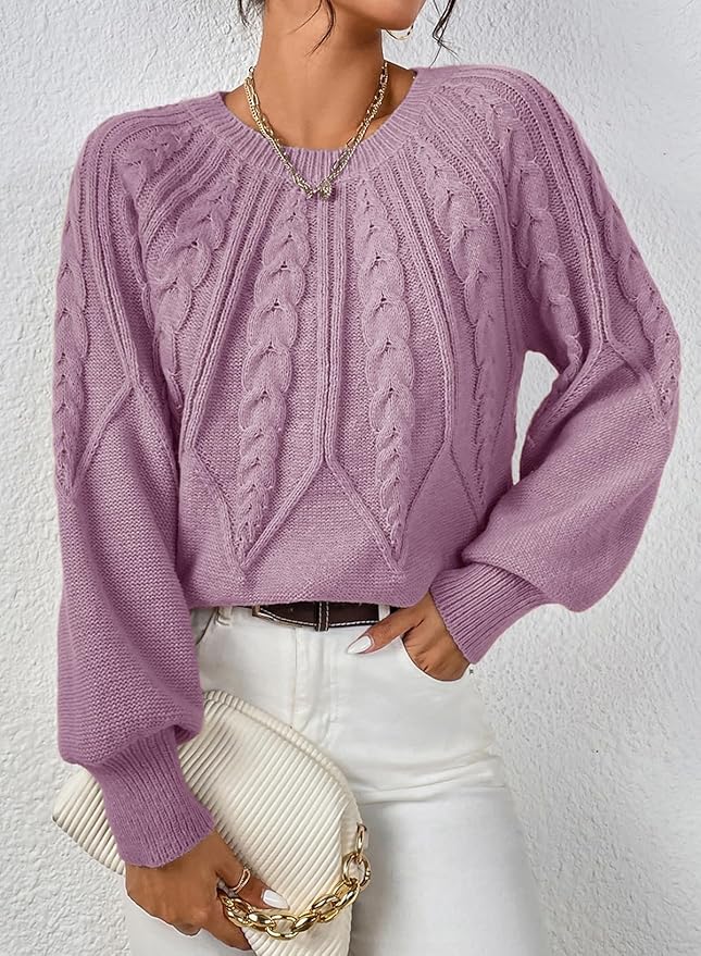 Dokotoo Womens Sweaters Crewneck Long Sleeve Cable Knit Chunky Sweater Tops Fashion 2024 Fall Outifits, cozy sweater, purple mauve sweater, amazon, the preppy store