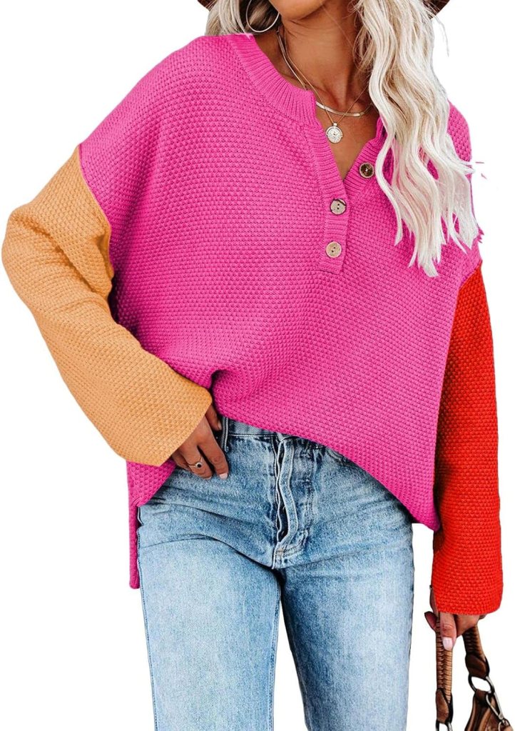 Pink Queen Women's V Neck Button Sweater Oversized Batwing Long Sleeve Henley Pullover Knit Jumper Top, Amazon, cozy sweater, The Preppy Store, block print sweater