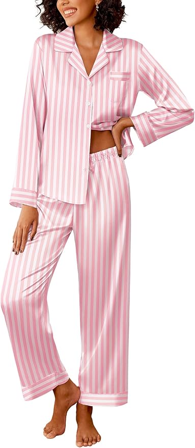 silk satin pajamas, pink pajamas, striped pajamas, Valentine’s Day gift guide, Amazon finds, the preppy store, loungewear, sleepwear, button down long sleeve pjs