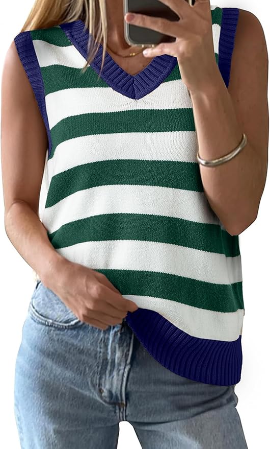 Sweater Vest Women Spring Summer Outfits Casual V Neck Sleeveless Sweater Tops Loose Fit Sweaters Women's Clothing, Amazon, the Preppy Store, quiet luxury, preppy stripes, spring summer fashion trends 2025