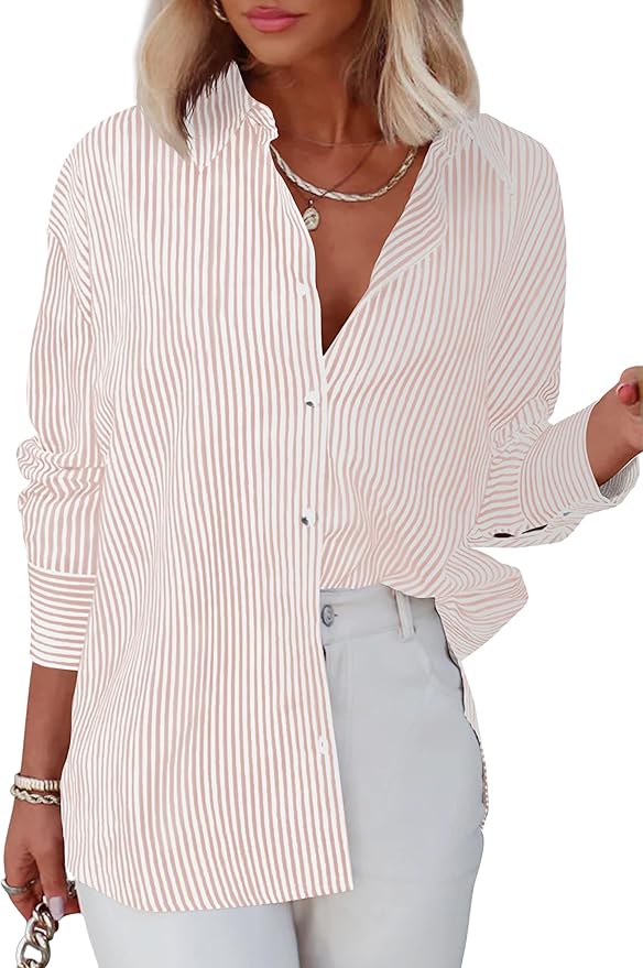 Womens Striped Button Down Shirts Classic Long Sleeve Stylish Collared Office Work Blouses Tops, preppy stripes, spring summer fashion trends 2025, Amazon, the Preppy Store, quiet luxury