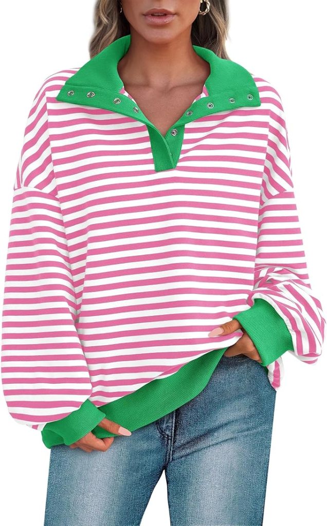 Women's Oversized Striped Sweatshirts Spring Fall Trendy Casual Long Sleeve Button Up Tops Shirt Preppy Clothes, preppy stripes, Amazon, The Preppy Store, Pink and green sweatshirt, fashion trends 2025