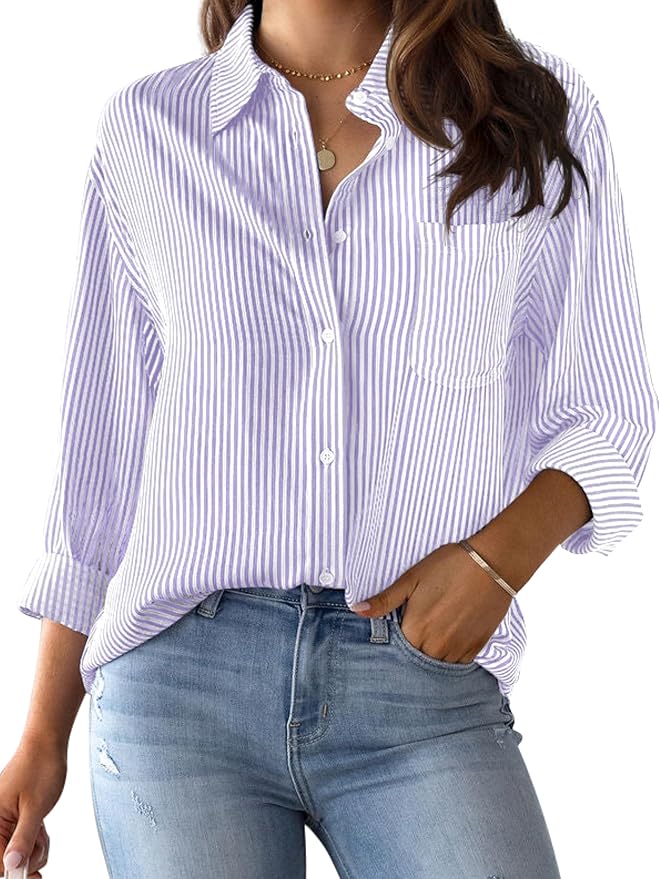 Wrinkle-Resistant Women's Button Down Shirts Striped Long Sleeve Collared Blouses Tops with Pocket, Amazon, The Preppy Store, preppy stripes, quiet luxury, spring summer fashion trends 2025