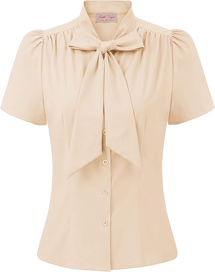 Belle Poque Summer Short Sleeve Office Button Down Blouse Shirt Tops with Bow Tie, Amazon, Preppy Store, Spring and Summer Fashion Trends, Bows