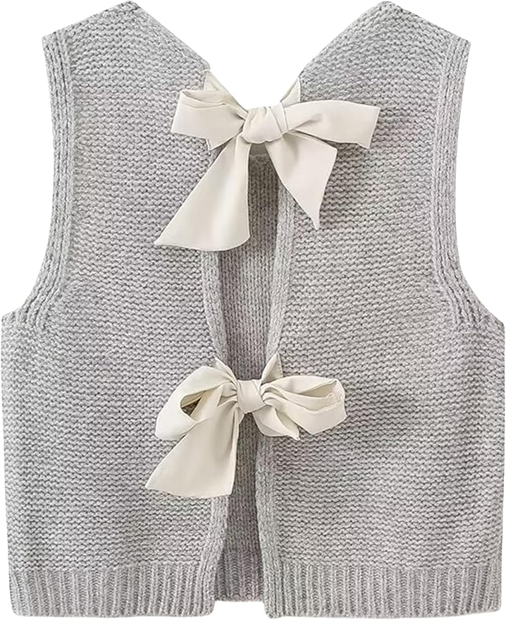 Sweater Vest Top for Women Casual Crop Knit Cardigan Vest Bow Tie Back Knitted Tank Tops, Amazon, Preppy Store, Spring and Summer Fashion Trends, Bows
