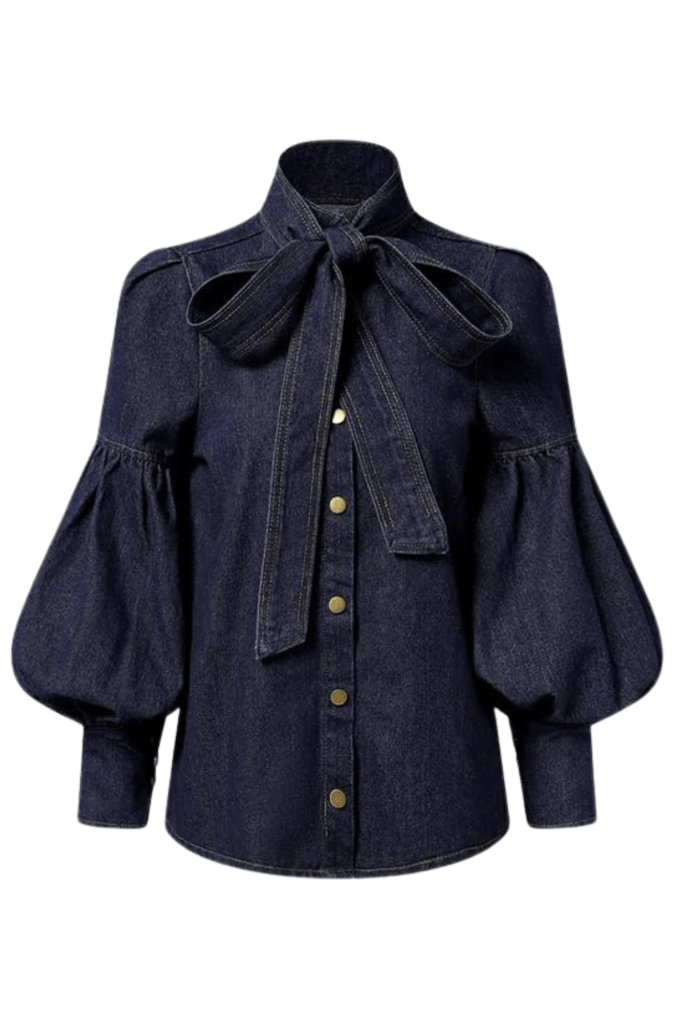 Denim Blouse Pullover Bow-Embellished Long Puff Sleeve Jean Buttoned Vintage Shirts Tops, Amazon, Preppy Store, Spring and Summer Fashion Trends, Bows, Denim on Denim, Jean shirts